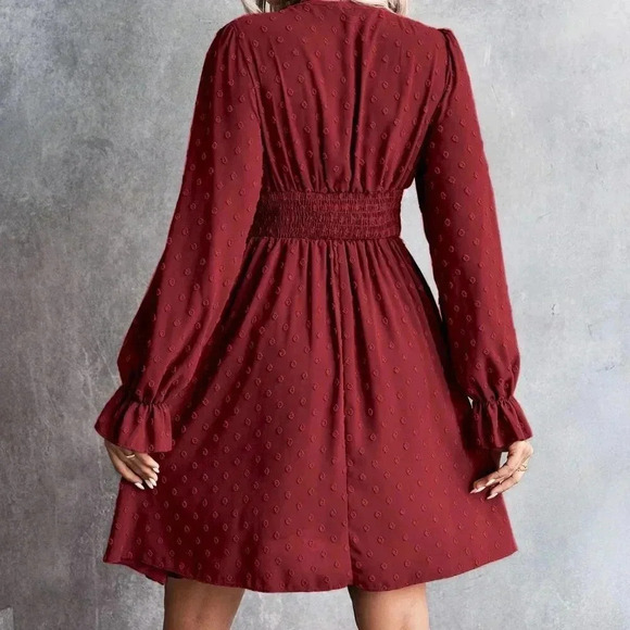 burgundy Boho Women's Swiss Dot Ruched Waist Flounce Sleeve Dress - Picture 2 of 6